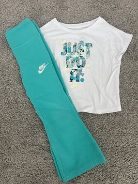 Nike White Tee with Aqua Floral 'Just Do It' & Aqua Leggings